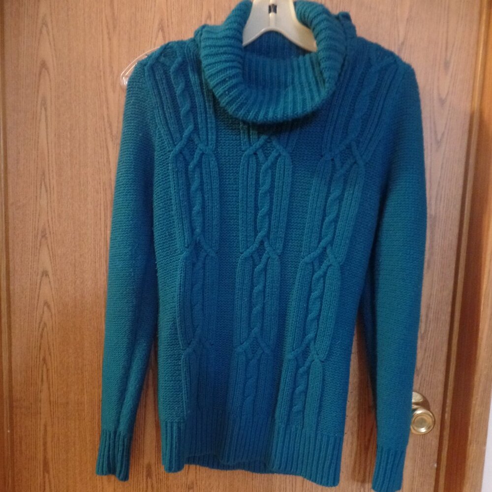 St. John's Bay Women's Heavy Cable Knit Teal Cowl-Neck Sweater, Size Medium